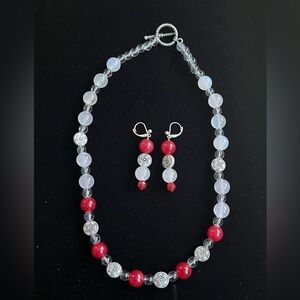 Artisan Red and White Quartz Sterling Silver Necklace and Earing Set
